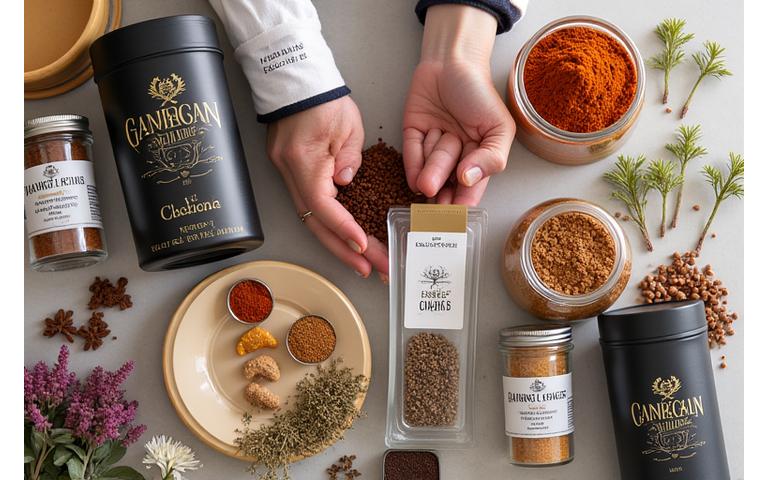 다양한 맞춤형 향신료 포장재가 정교하게 디자인되어 있는 모습